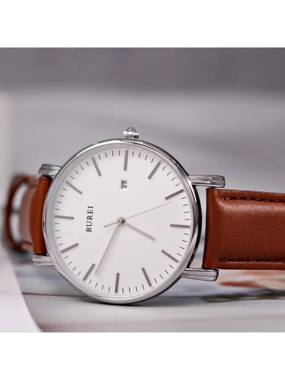 Mens Silver And Brown Band Strap Minimalist Analog Quartz Waterproof Wrist Watch